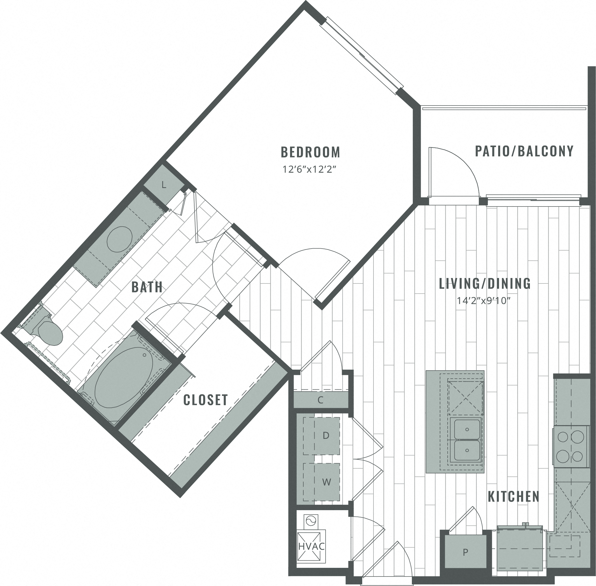 Floor plan for 1 bed, 1 bath, 748 sqft